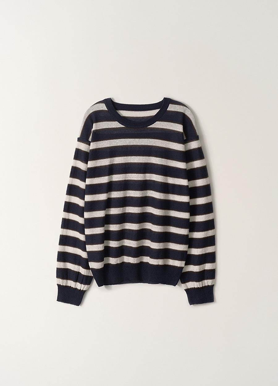 Stripe round pullover (Dark navy)