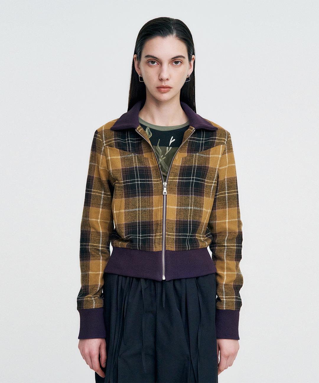 Plaid Check Flannel Zip-Up Jacket _ MUSTARD