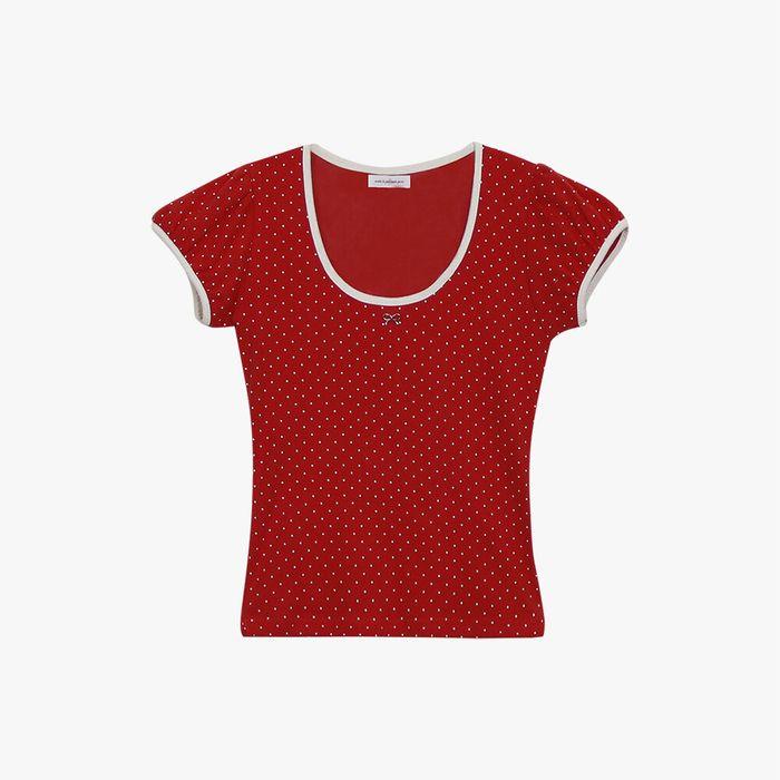 DOTTY RIBBON SHIRRING T-SHIRT_RED