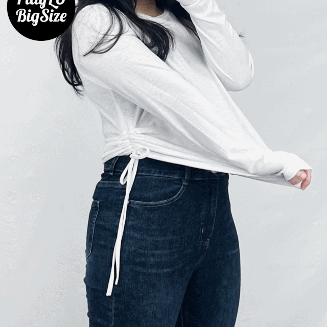 [~120까지] 빅사이즈 모어 셔링 스트링 워머 티셔츠 (아이보리/블랙)