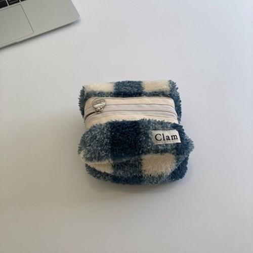 Clam round pouch _ Green check Soft fur