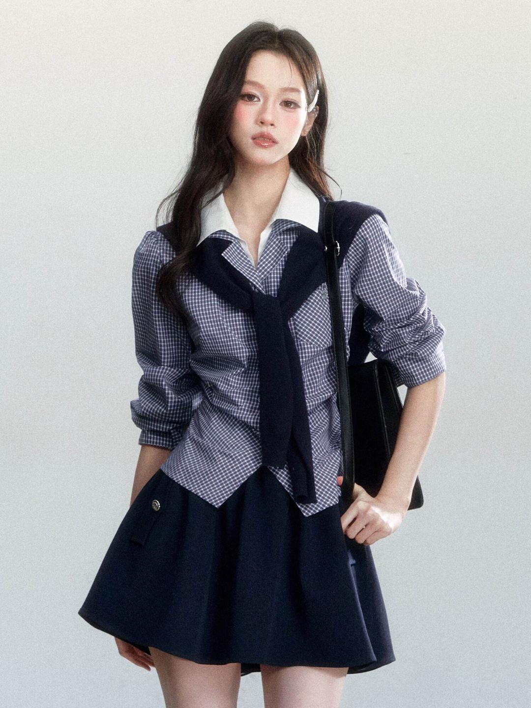 [FRAGILE HEART] Fake Two-Piece Shawl Shirt & Skirt Set