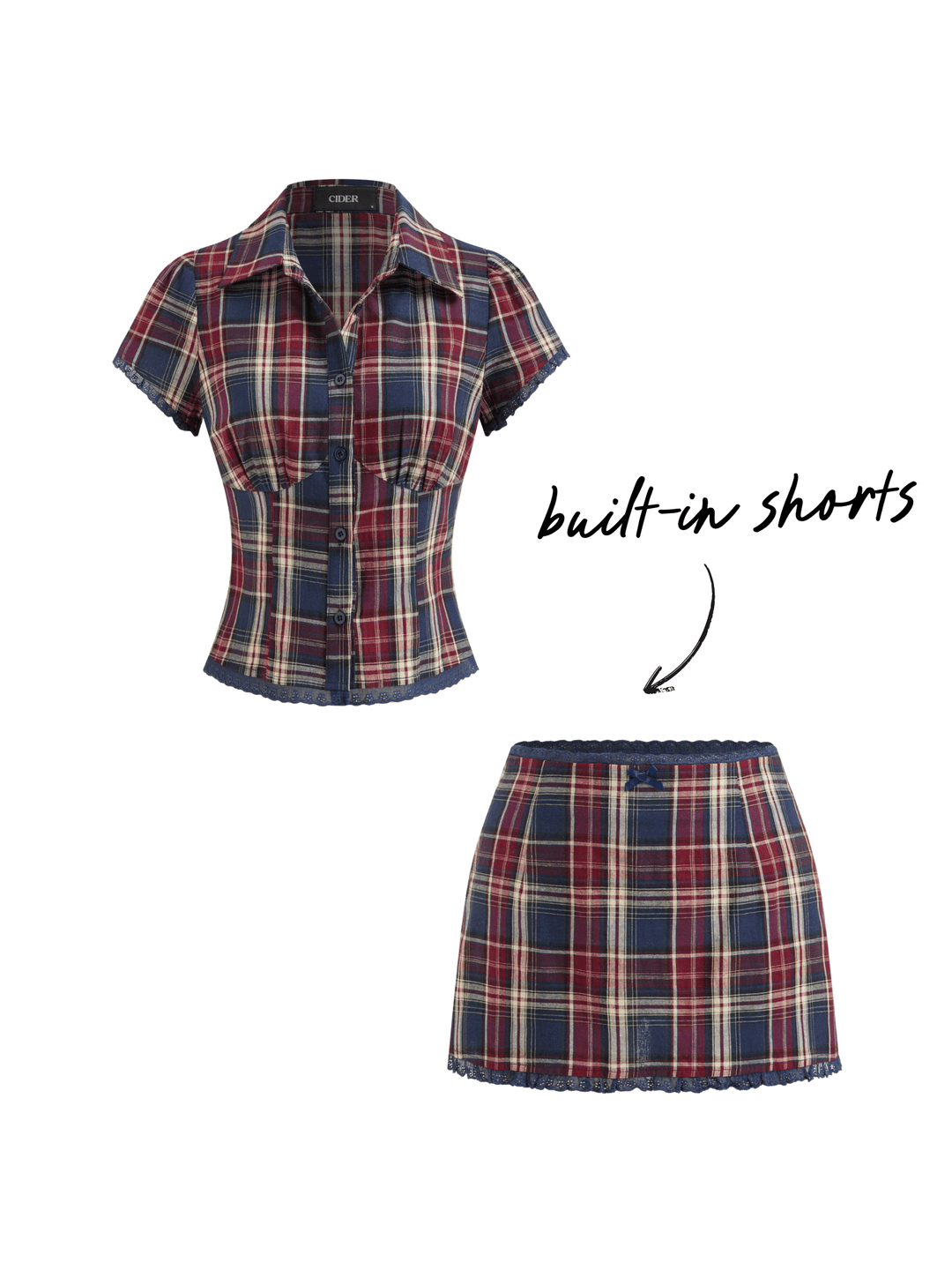 Cotton Plaid Collar Short Sleeve Blouse & Mid Rise Lace Trim Bowknot Mini Skirt Set