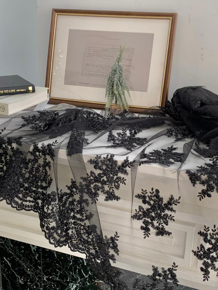 [망사] 블랙 트윙클 자수 엔틱레이스 드레스 원단, 스커트, 커튼 원단 1마