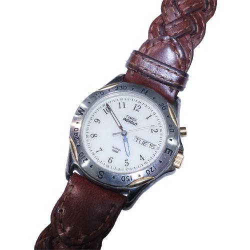 1990's Vintage Timex Explorer Indiglo Quartz Watch Stainless Steel, Brown Leather Band