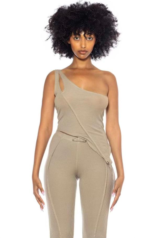 ASYMMETRIC ONE SHOULDER TANK IN TAUPE RIB - XS