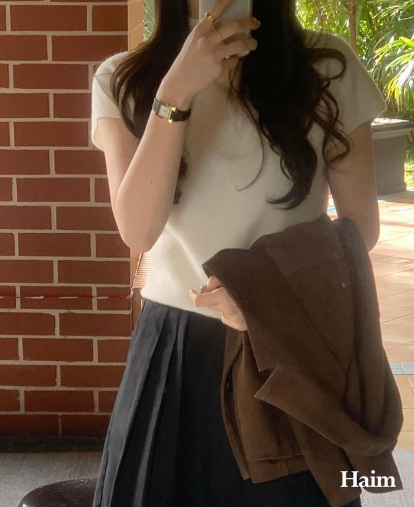 verveine 버베인 돌핀 모크넥 울 드랍숄더 니트 반팔 캡소매 페미닌 nt (3col)