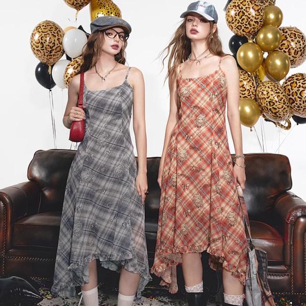 엘프색 격자 무늬 쉬폰 서스펜더 드레스 0142
