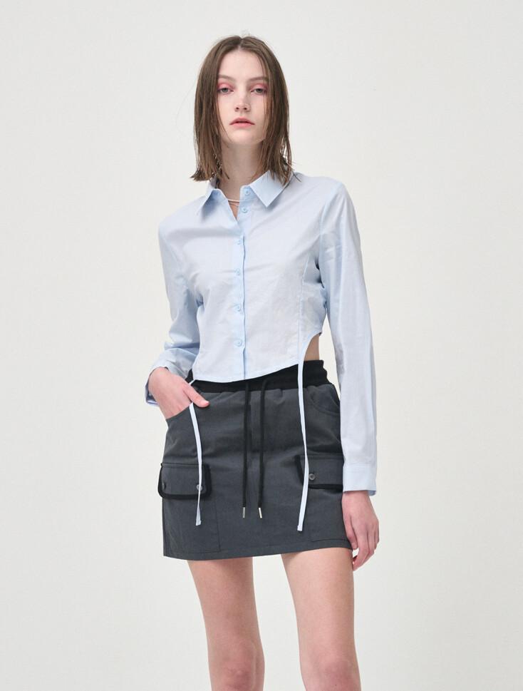 Side Shirring Slim Shirt, Light Blue