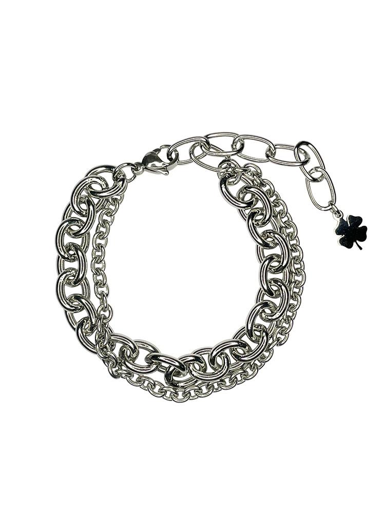 WISH CLOVER 네잎클로버 써지컬스틸 체인 레이어드 커플 팔찌