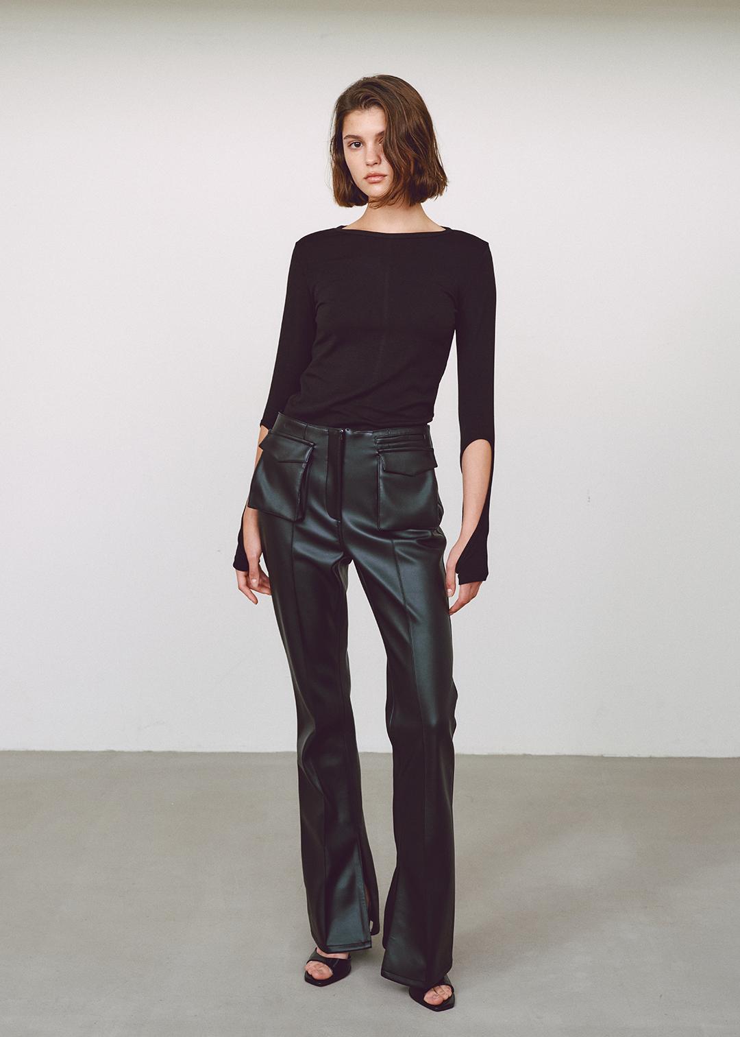 SPLIT POCKET PANTS FAUX LEATHER - BLACK