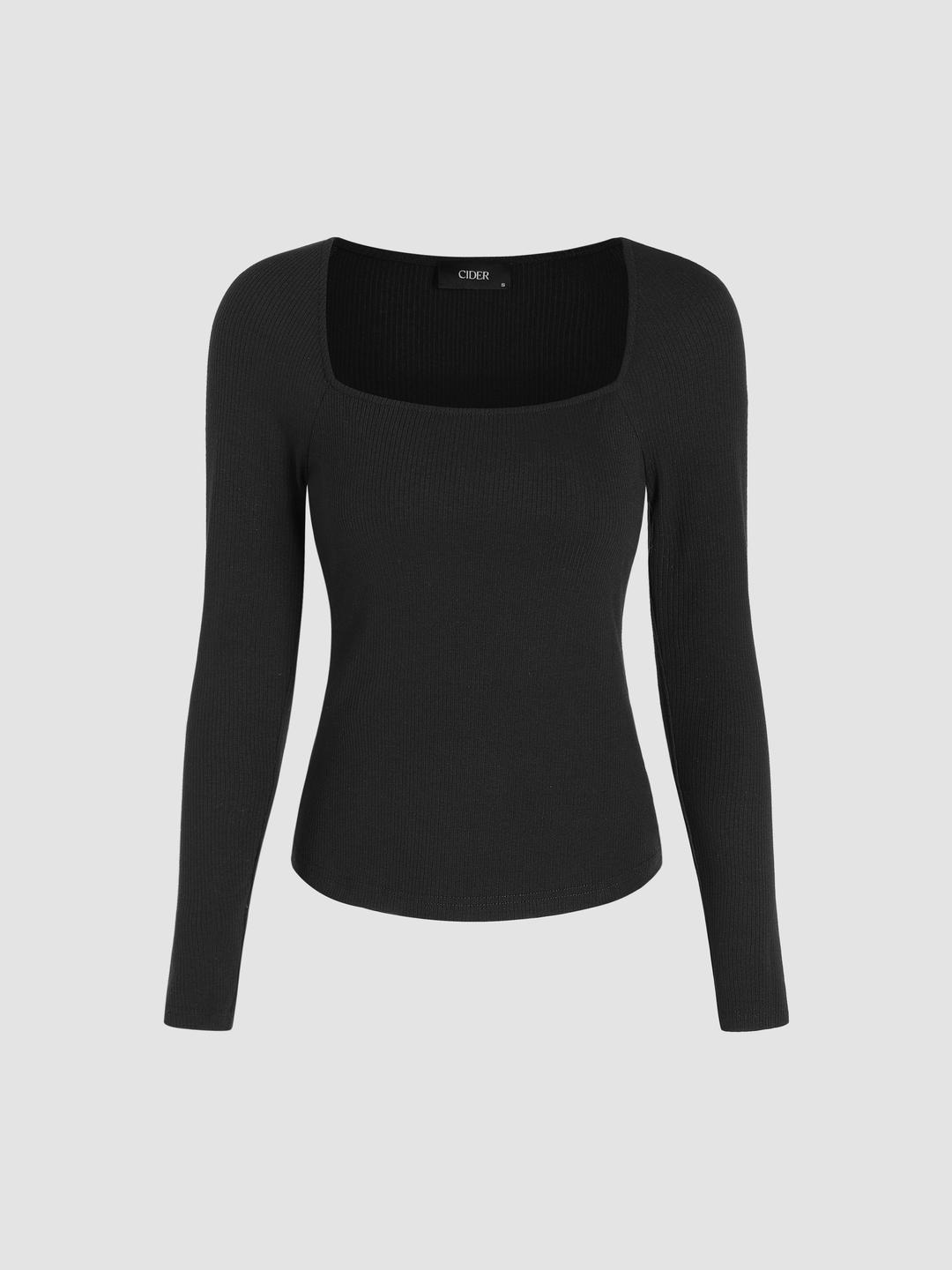 Square Neck Solid Long Sleeve Tee
