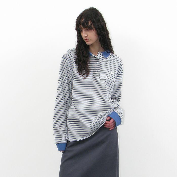 STRIPE LONG SLEEVE POLO TEE_PASTEL BLUE