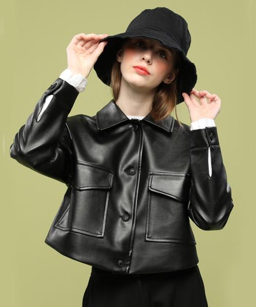 [36차 재입고] WOMEN 크롭 오버핏 마일드레더 트럭커 가죽자켓 [블랙]