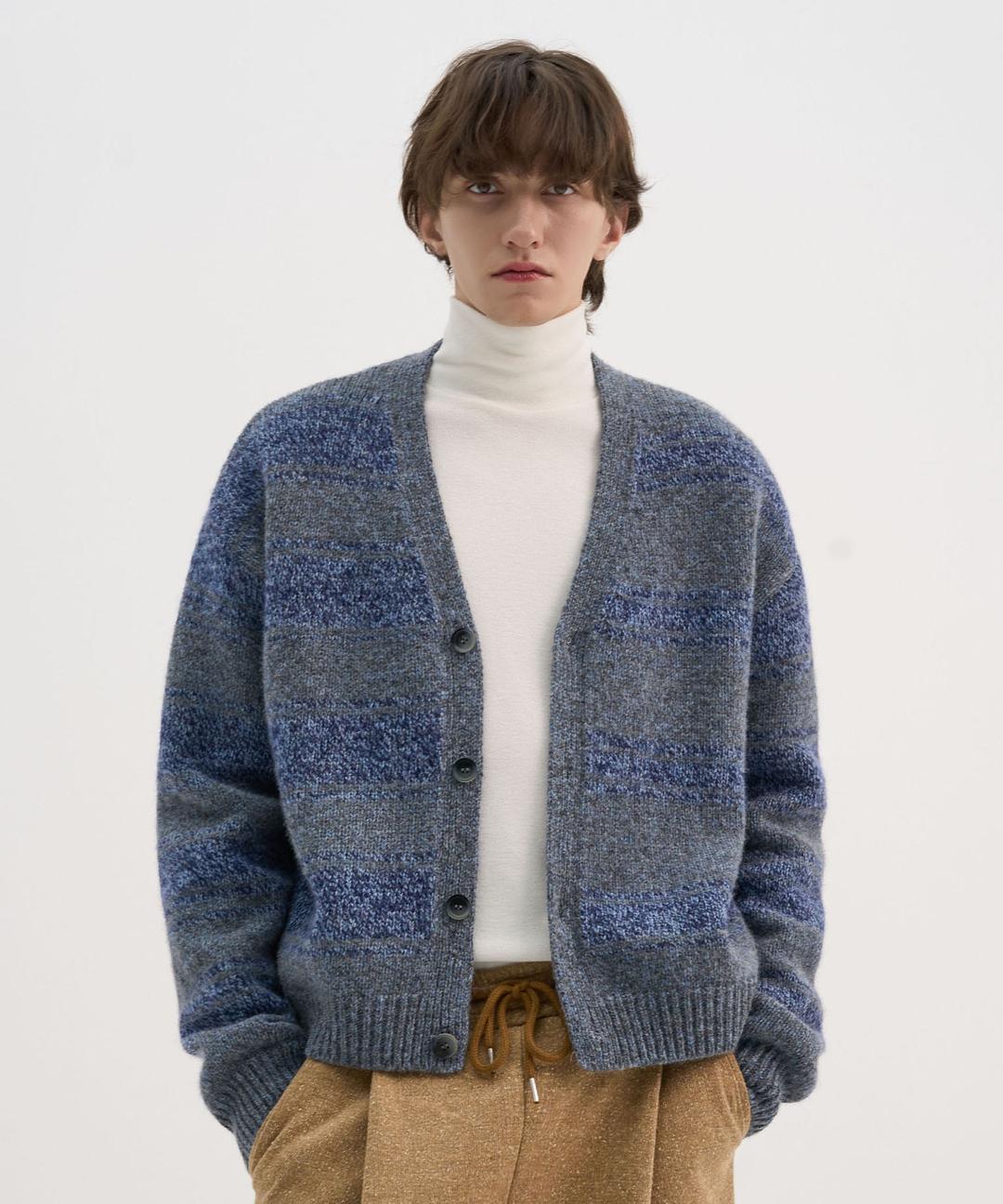 WOOL 100%] PURE LIGHT JACQUARD TWISTED YARN STRIPE CROP CARDIGAN_BLUE GRAY