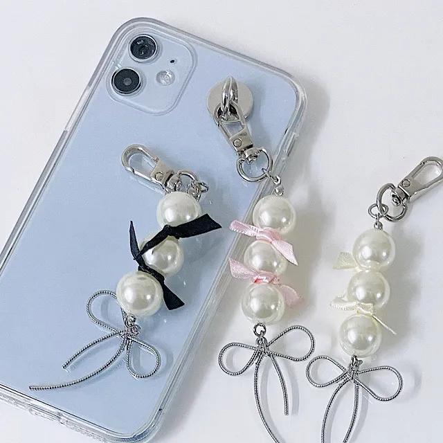 포인트 삼단 진주키링 실버리본 진주리본 에어팟 핸드폰 차키 가방 열쇠 키링 폰꾸 백꾸