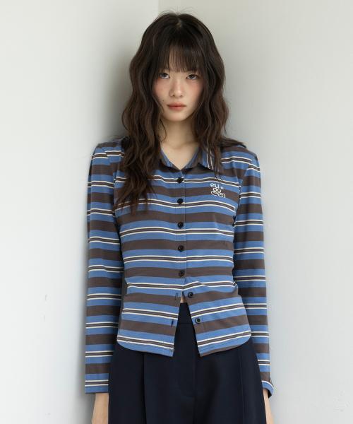 베이직 카라 세미 크롭 셔츠_스트라이프 차콜&블루