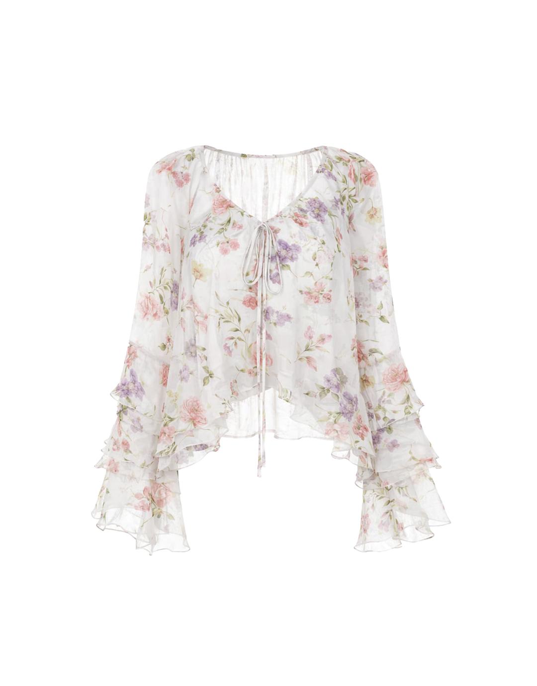 체리블라썸 리본 프릴 플로럴 쉬폰 블라우스 (이너 나시 증정)