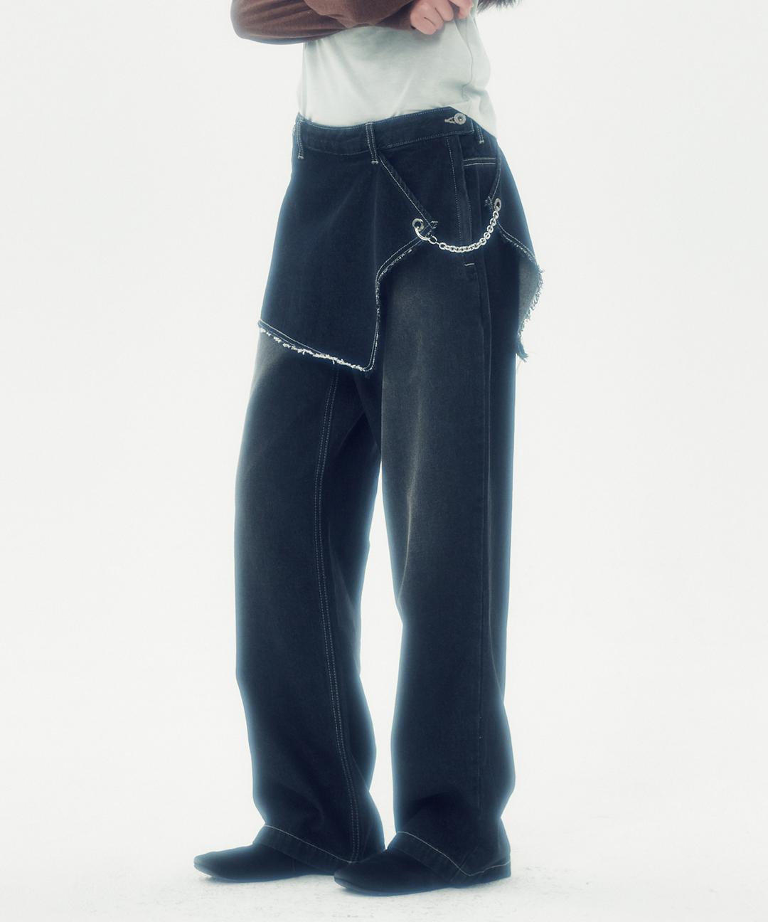 SKIRT LAYERED DENIM PANTS [BLACK]