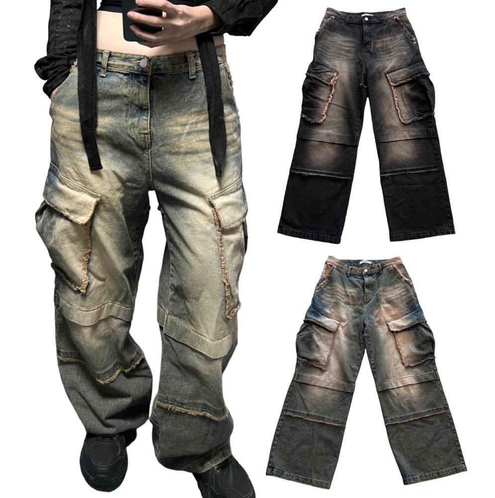 [UNISEX] 빈티지 워싱 플랑켓 카고 데님 팬츠 (2color)