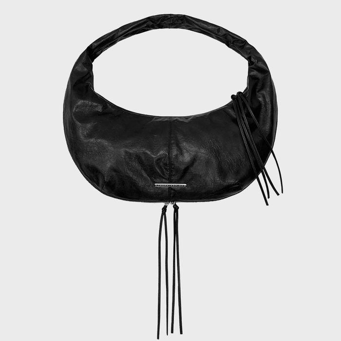 Zipper Finishing Leather Hobo Bag [ Black ]