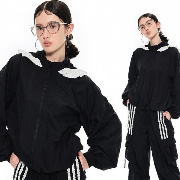 1JINNSTUDIO lace hooded jacket sports leisure loose patchwork hat short coat