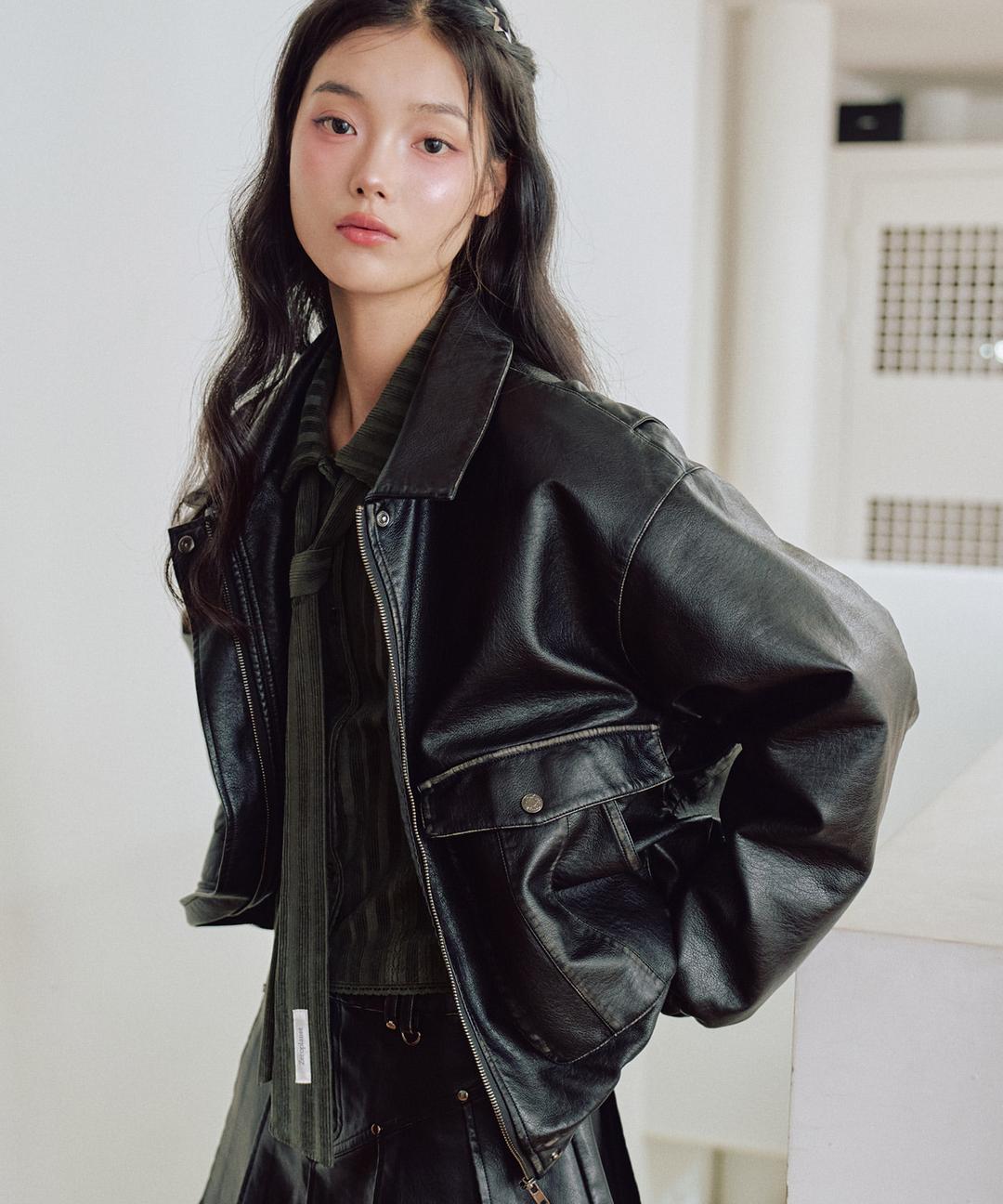 애니카 워싱 레더 자켓 [BLACK]