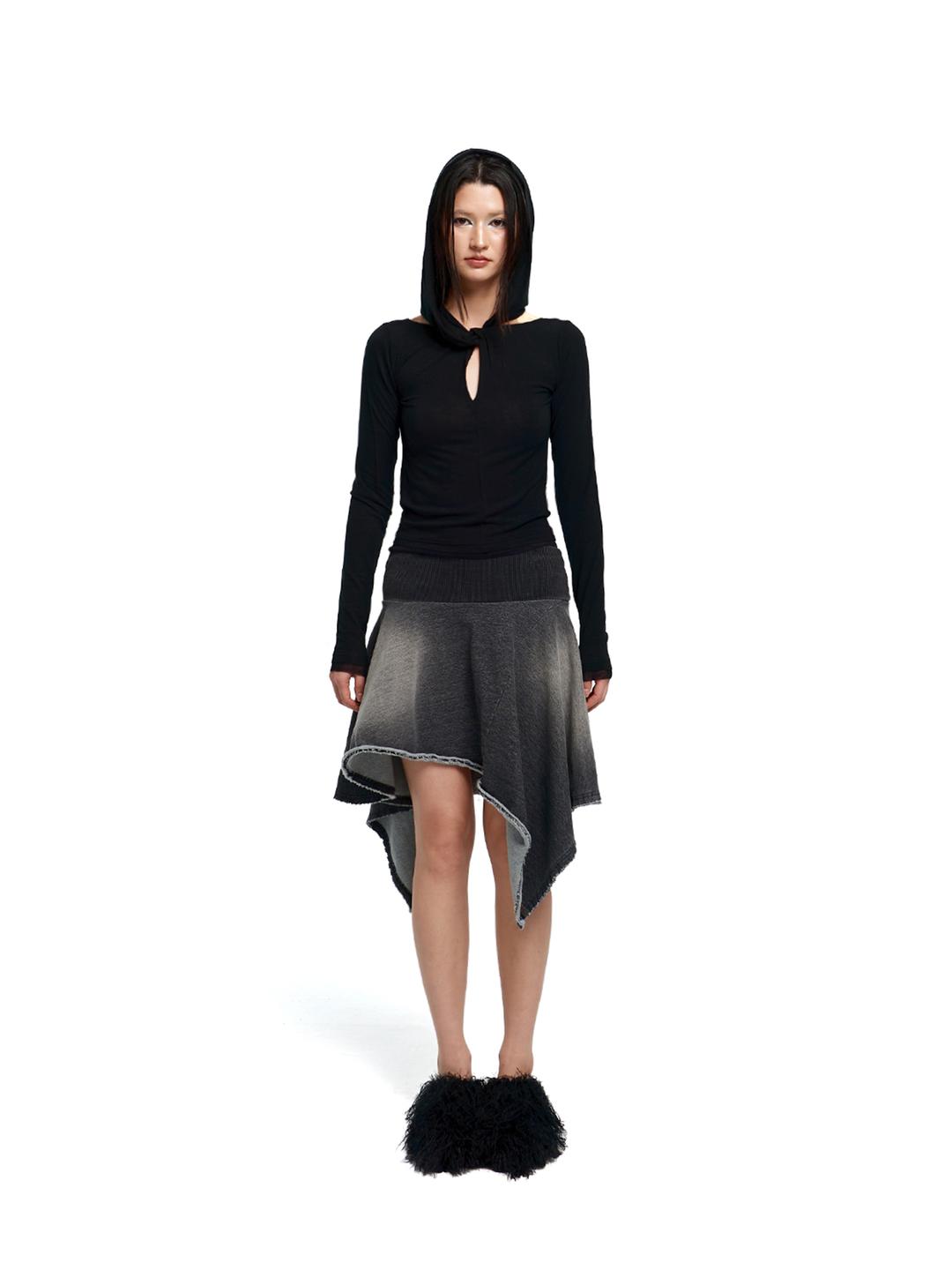 Jersey denim unbalanced skirt (black)