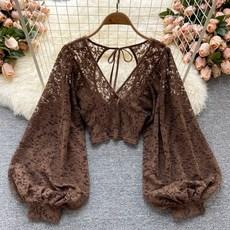 도니와 여성 브이넥 레이스 벌룬소매 예쁜 블라우스 티셔츠