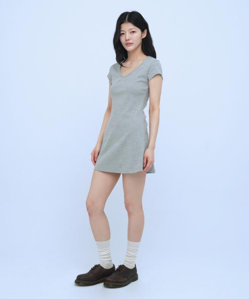 C V NECK HALF-SLEEVE DRESS_GREY
