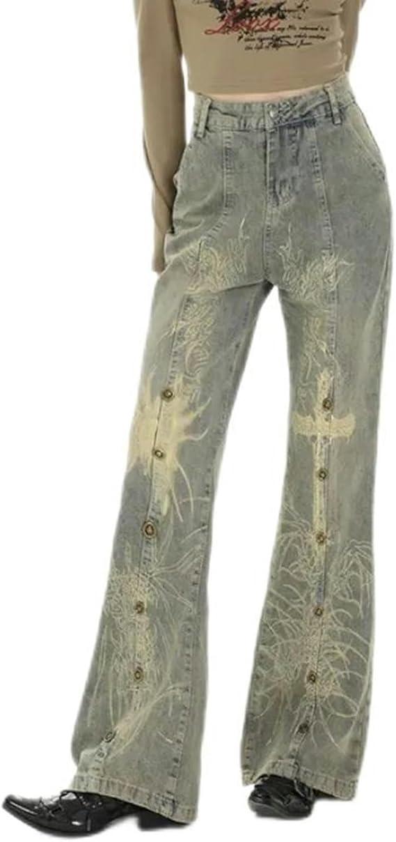 Casual Printting High Waist Pants High Street Style Straight Jeans Women's Wide Leg Baggy Y2K High Street Denim Trouser