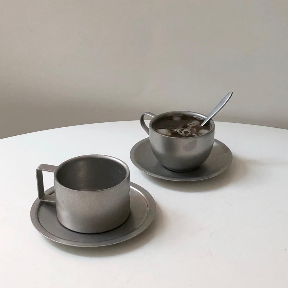 빈티지 스텐 커피잔 받침 세트 2타입 홈카페 감성 에스프레소