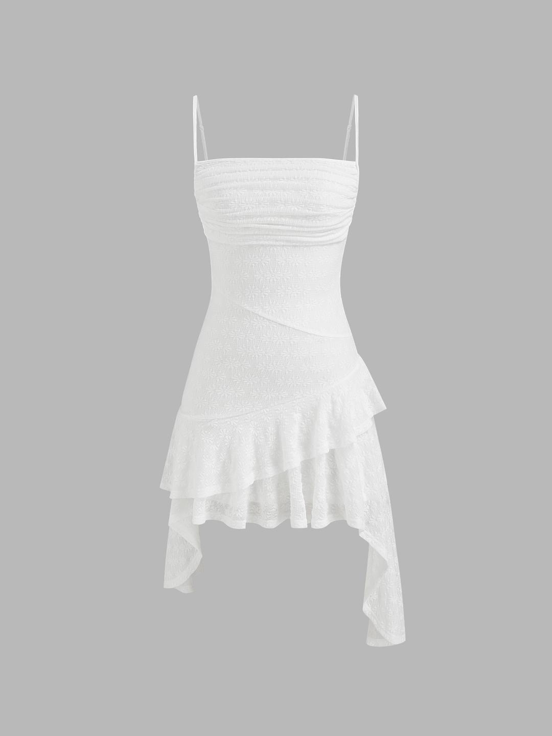 Mesh Floral Texture Ruched Asymmetrical Ruffle Hem Mini Dress