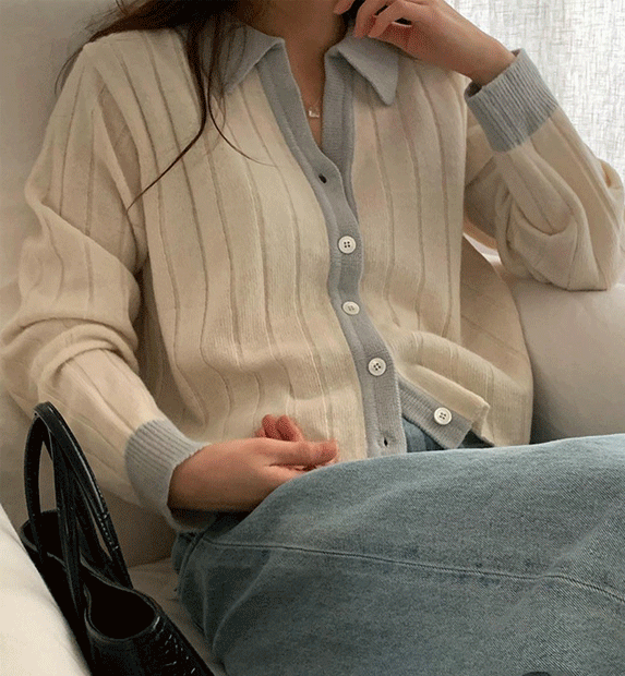 컴히얼 마들렌 카라 배색 골지 가디건 (3color)