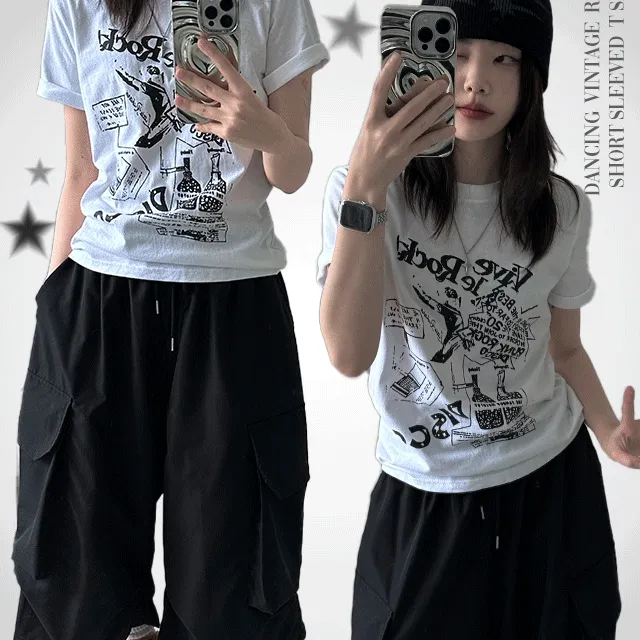 1+1할인[키치!/프린팅] 댄싱 빈티지 라운드 반팔티