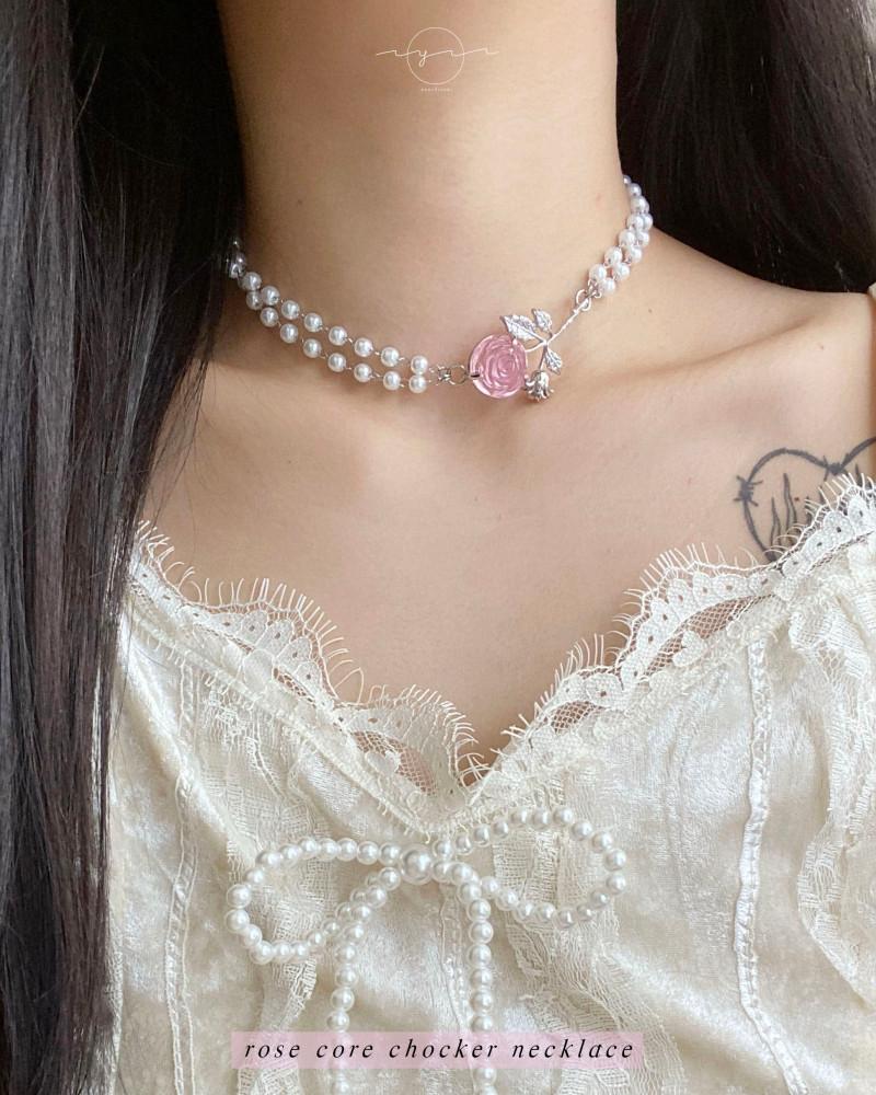 [신상 5% 할인] Rose core chocker necklace 발레코어 장미 초커목걸이 진주 써지컬스틸