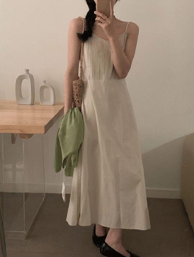 플로 핀턱 끈나시 원피스