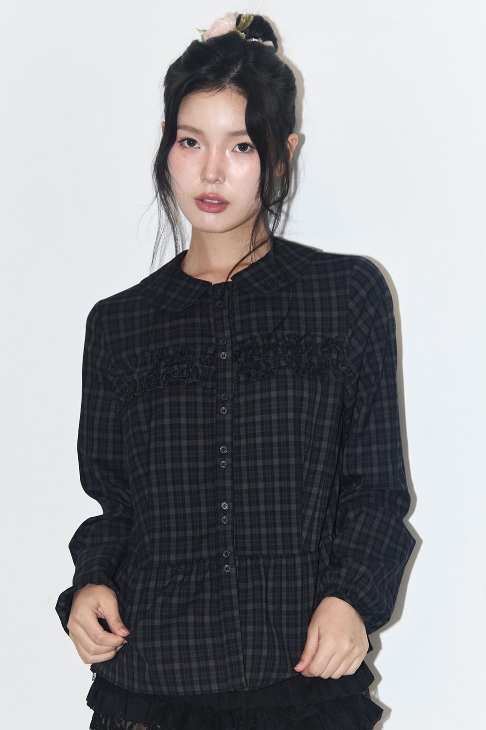 러플 라운드 셔츠 체크 네이비