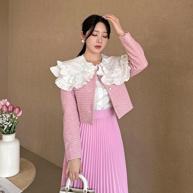 비비 트위드 노카라 자켓