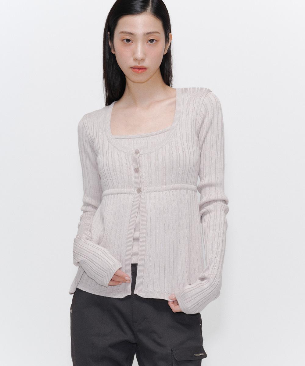 [2월 24일 발매]Ribbed layered cardigan knit SAND BEIGE