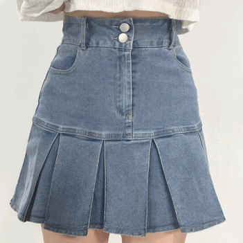 [당출가능/3500장돌파 ‍🔥 ] 청 데님 플리츠 투버튼 미니스커트 하이틴룩