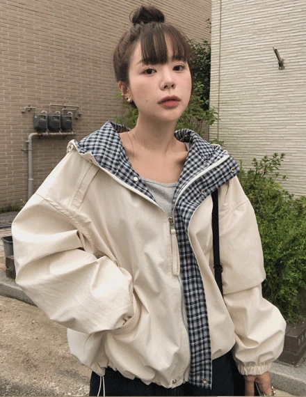 [빈티지/루즈핏] 베로르 체크 바람막이 후드 점퍼