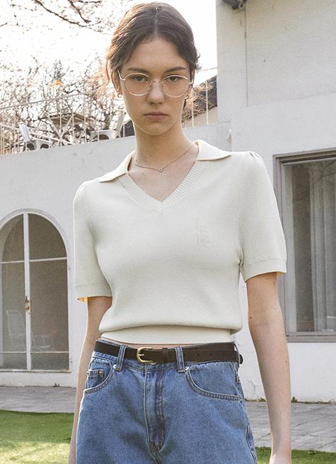 JACQUARD COLLAR V-NECK HALF KNIT_IVORY