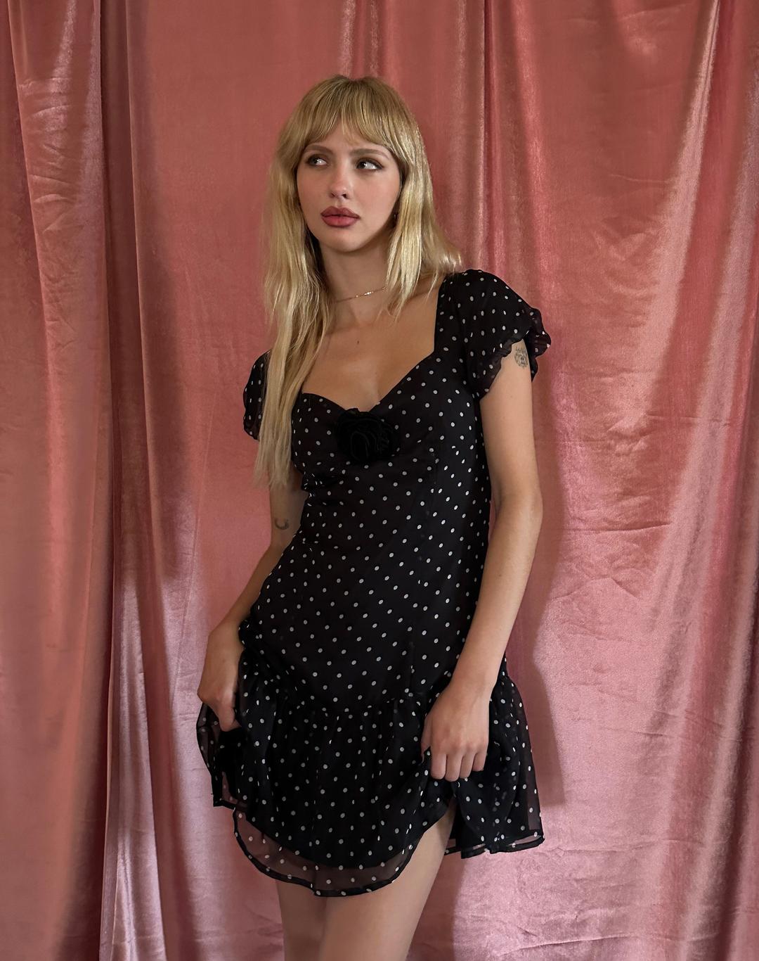 Clara Mini Dress in Polka Black Chiffon - XXS