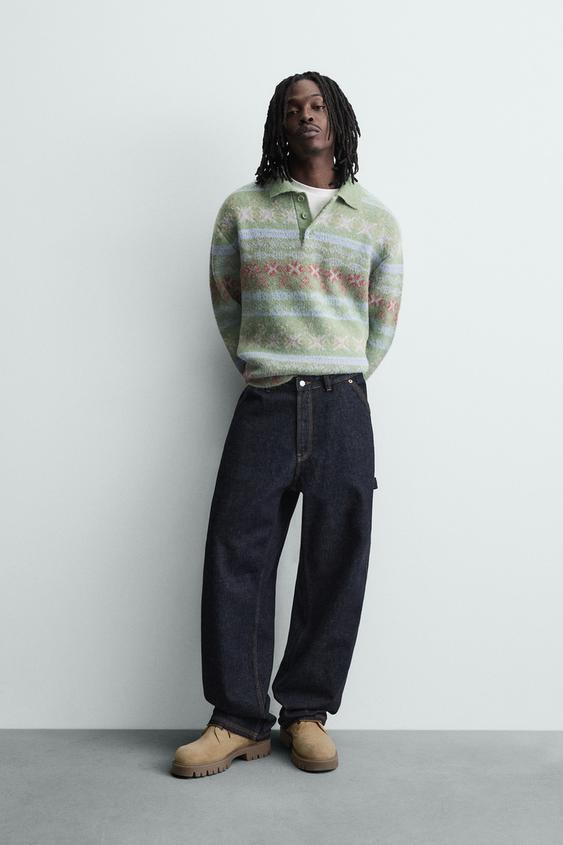 지오메트릭 텍스처 자카드 니트 폴로셔츠