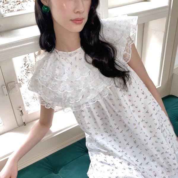 MORN romantic small floral detachable lace cape collar swing dress