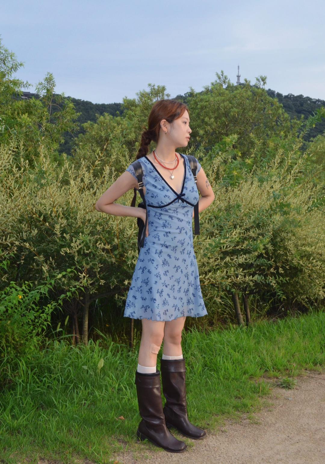 Flower Sheer Blue Dress