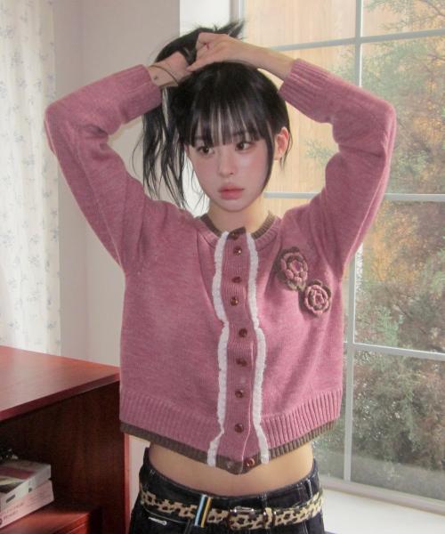 WXK023 복숭아 꽃 크로셰 배색 니트 가디건 (VINTAGE PINK)