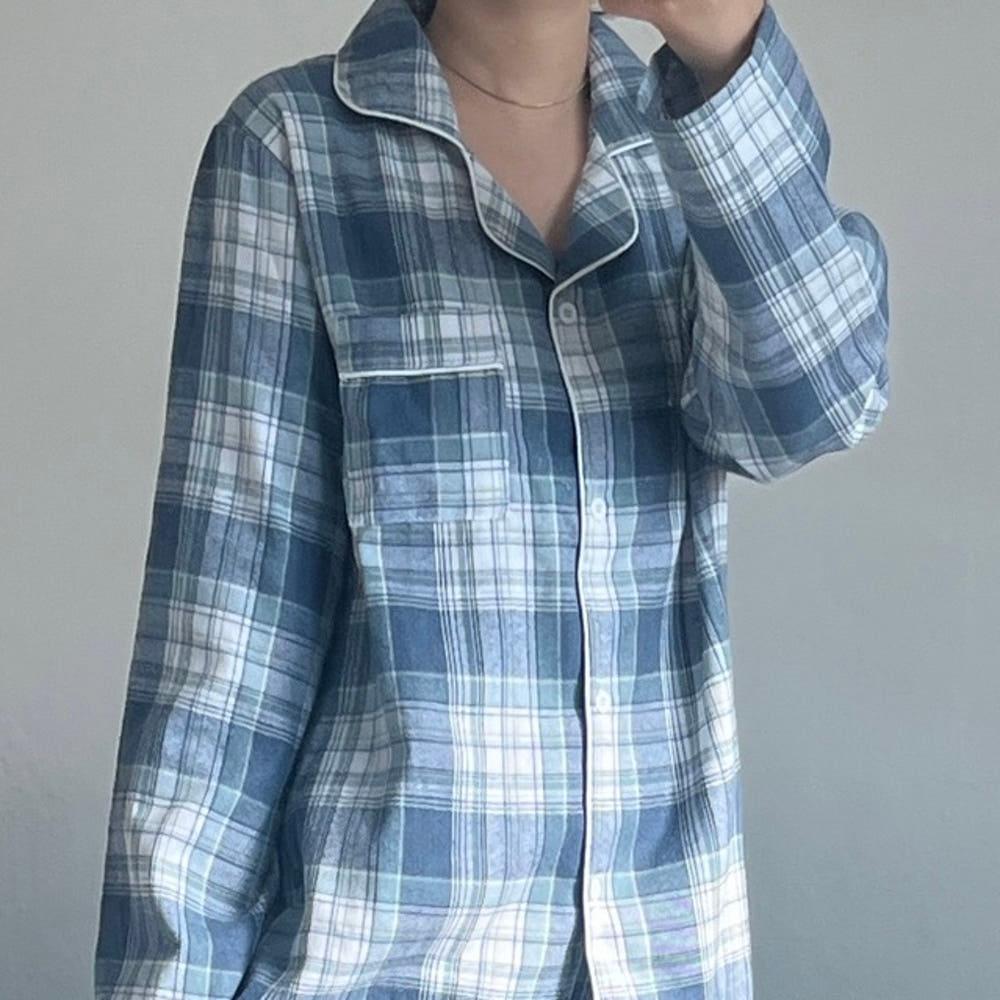 커플 체크 잠옷 세트 피치기모 잠옷 체크 파자마 홈웨어 (2size)