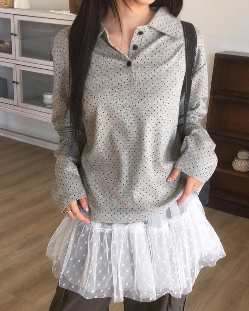 초쿱 도트 카라 버튼 긴팔 티셔츠